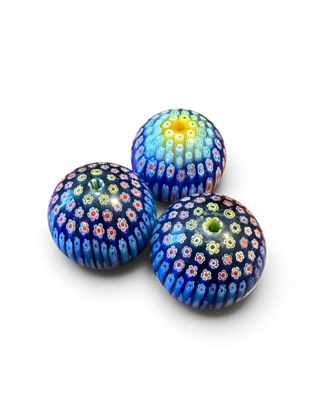 Rare Oversized Millefiori Art Glass Beads Large Blue Floral Venetian Set of 3